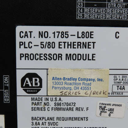 Allen-Bradley 1785-L80E PLC-5/80 Ethernet Processor Module Series C Rev K