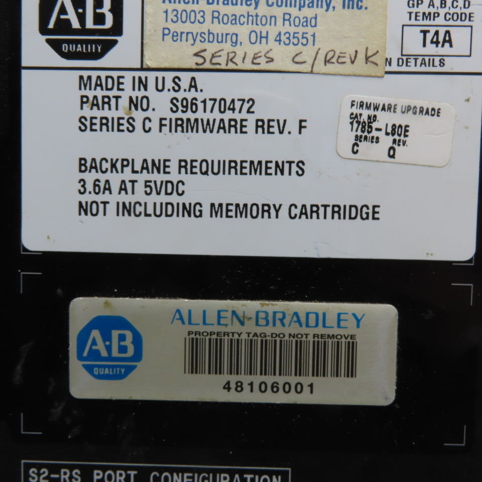 Allen-Bradley 1785-L80E PLC-5/80 Ethernet Processor Module Series C Rev K