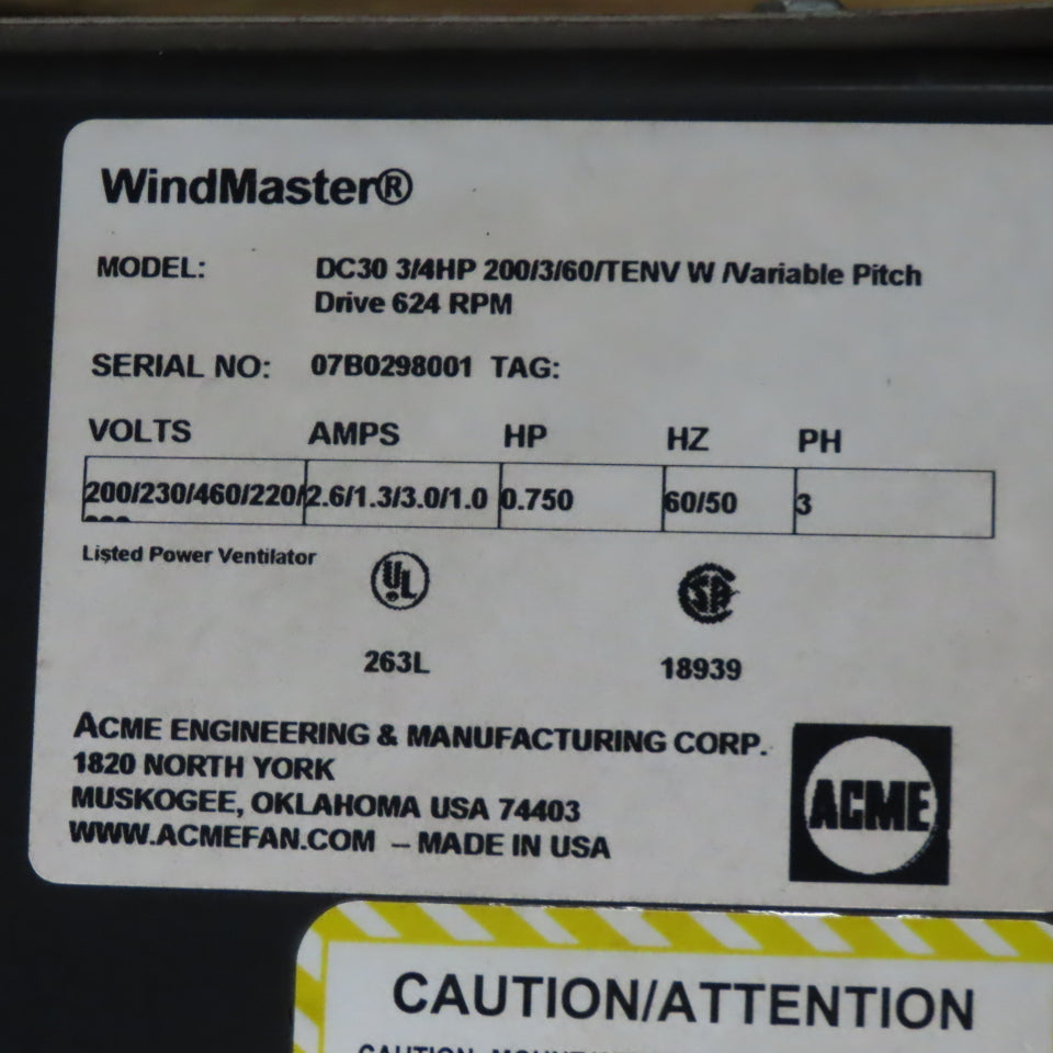 Windmaster DC30 30" Wall Mount Fan 3/4Hp 200-230/460V 3Ph 60Hz 1725RPM