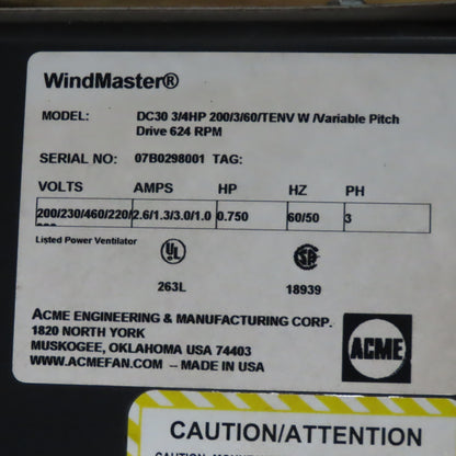 Windmaster DC30 30" Wall Mount Fan 3/4Hp 200-230/460V 3Ph 60Hz 1725RPM