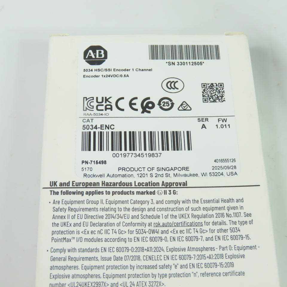 Allen-Bradley 5034-ENC HSC/SSI Encoder 1 Channel Module 24VDC Ser A FW 1.011 NEW