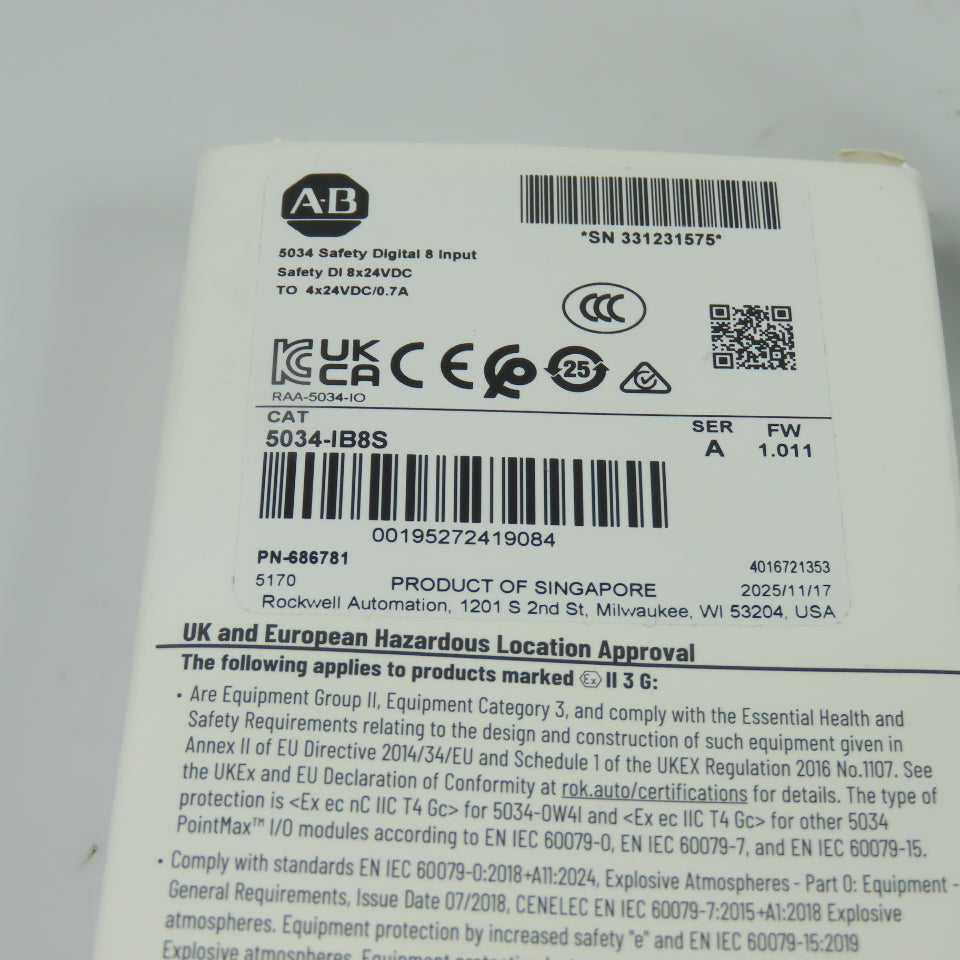 Allen-Bradley 5034-IB8S Safety Digital 8-Input Module 24VDC Ser A FW 1.011 NEW