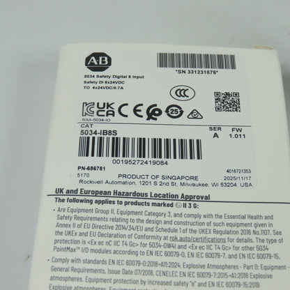Allen-Bradley 5034-IB8S Safety Digital 8-Input Module 24VDC Ser A FW 1.011 NEW
