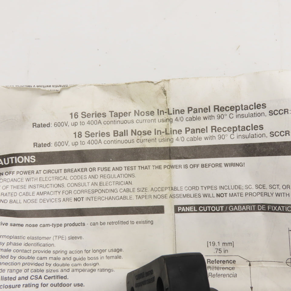 Leviton Series 16 600V 400A AC/DC Panel Mount Taper Nose Inline Receptacle