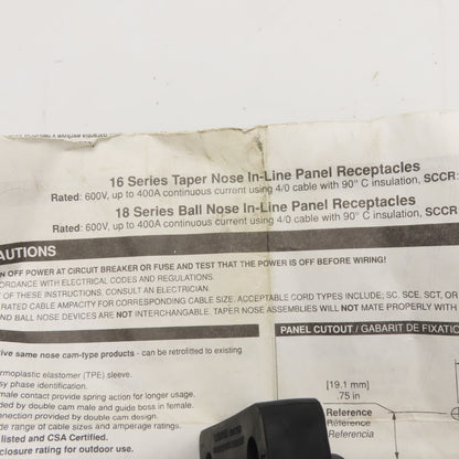 Leviton Series 16 600V 400A AC/DC Panel Mount Taper Nose Inline Receptacle
