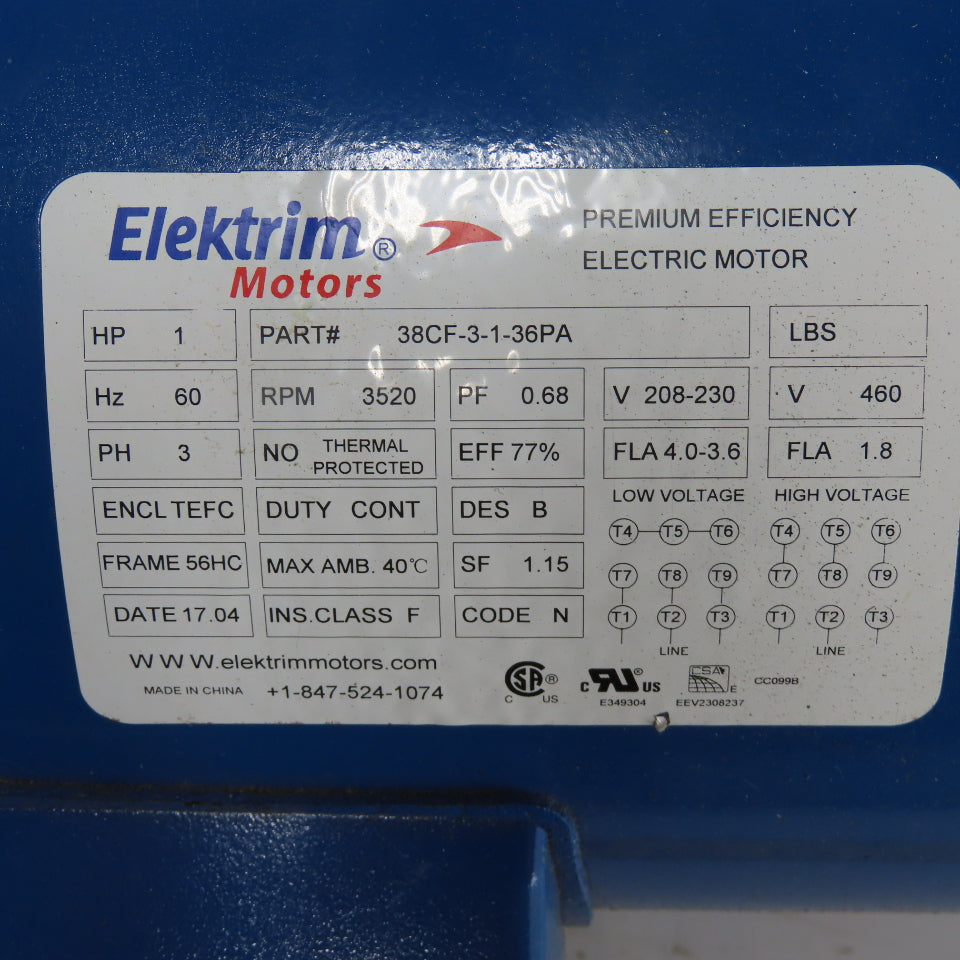 Elektrim Motors 38CF-3-1-36PA 1HP Electric Motor 208-230/460V 3Ph 3520RPM 56HC