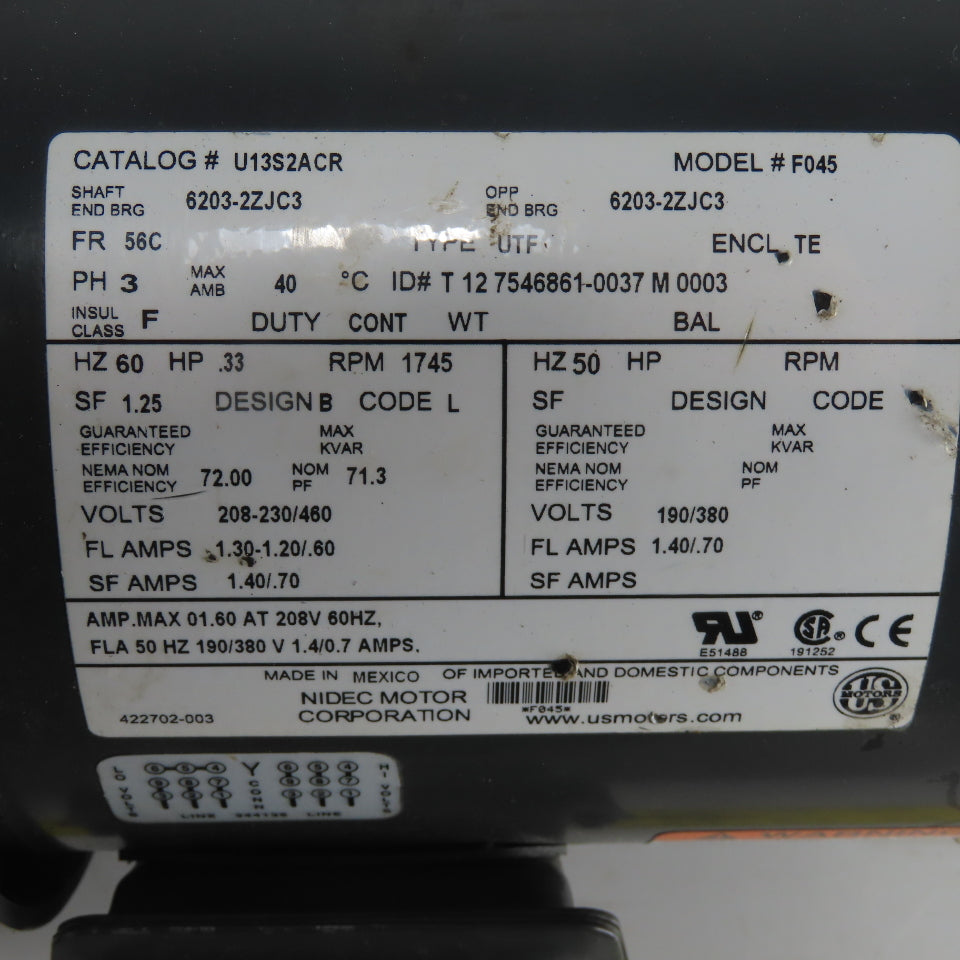 U.S. MOTORS U13S2ACR 1/3HP UniMount Electric Motor 208-230/460V 3Ph 1745RPM 56C