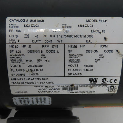 U.S. MOTORS U13S2ACR 1/3HP UniMount Electric Motor 208-230/460V 3Ph 1745RPM 56C