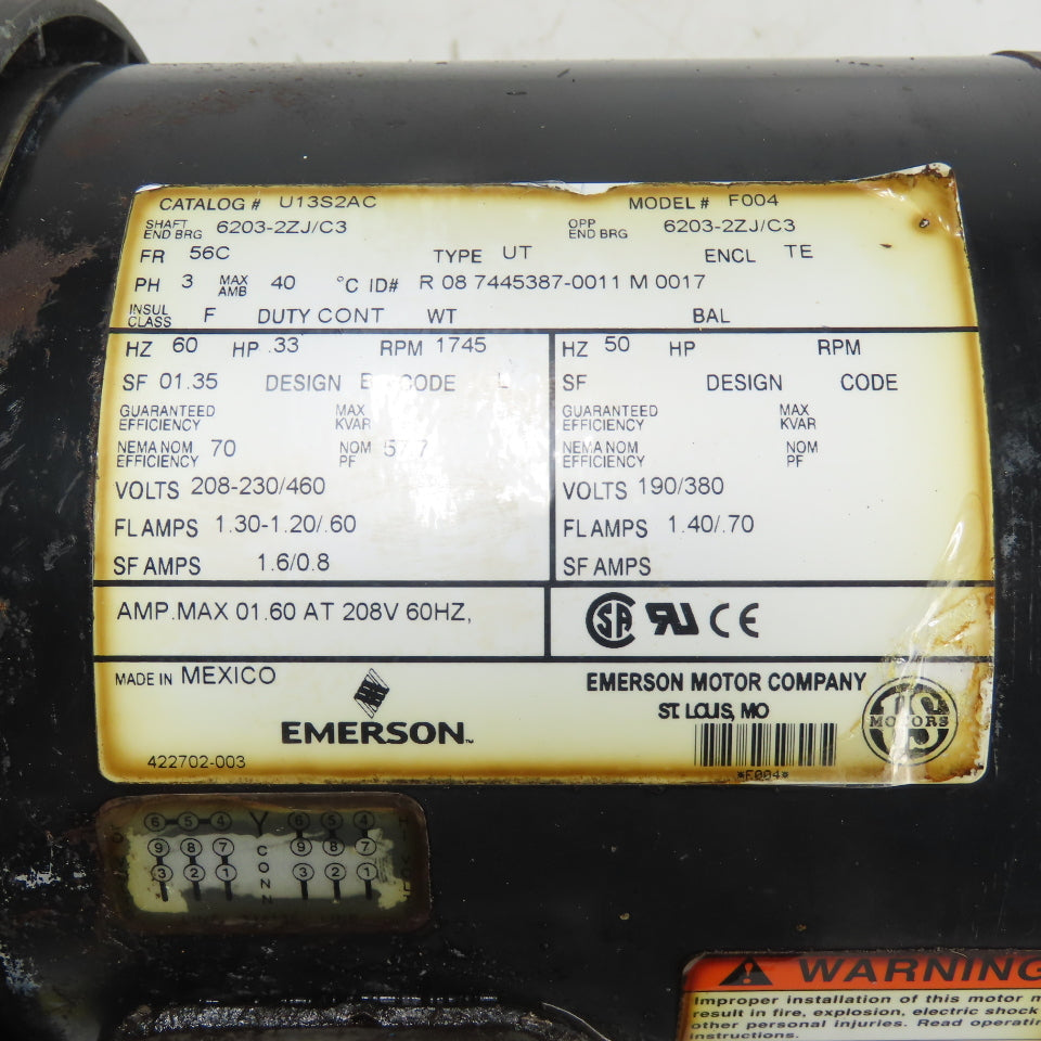 Emerson U13S2AC 1/3HP Electric Motor 208-230/460V 3Ph 1745RPM 56C Frame Tested