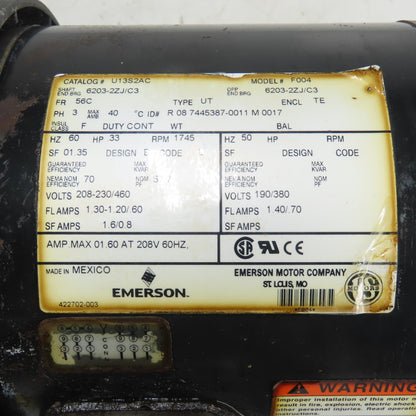 Emerson U13S2AC 1/3HP Electric Motor 208-230/460V 3Ph 1745RPM 56C Frame Tested