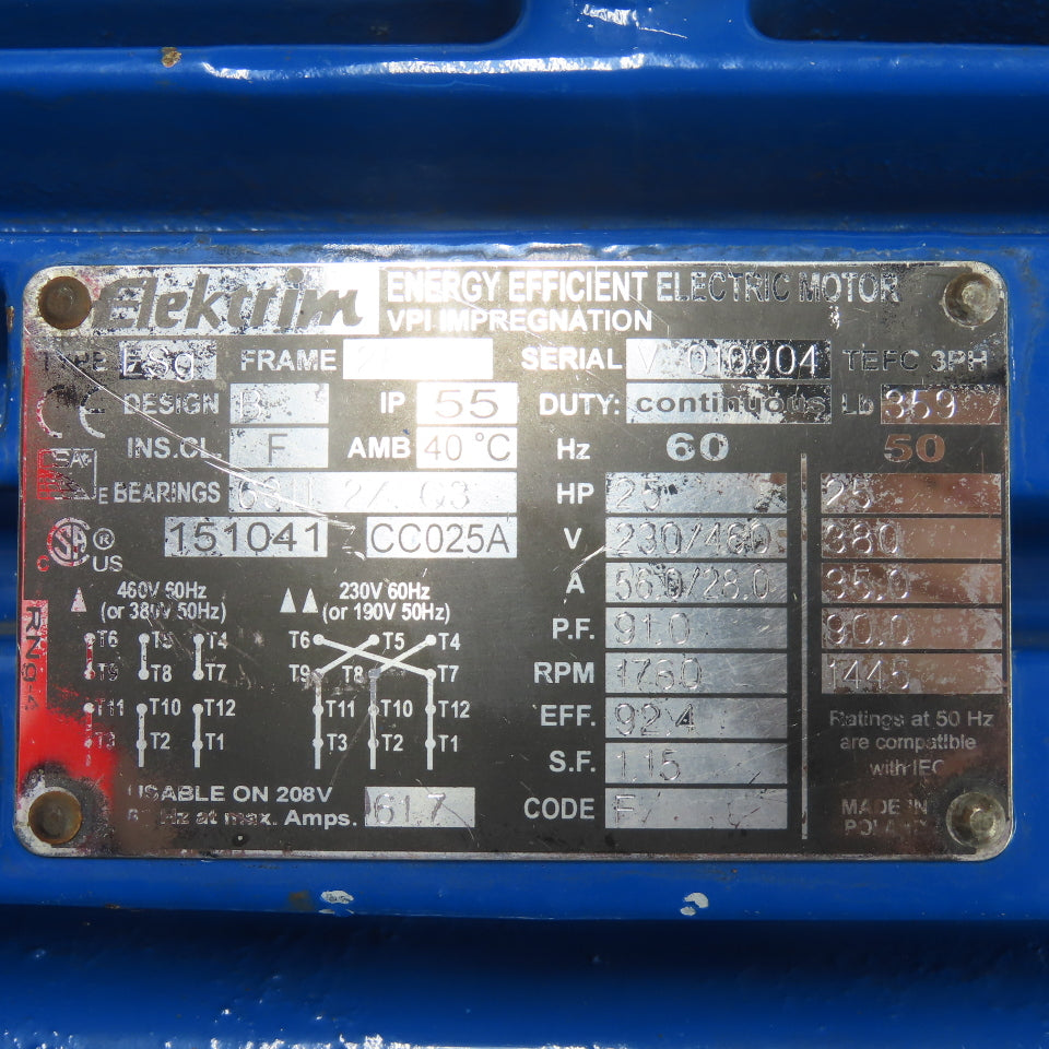 Elektrim CC025A 25HP AC Electric Motor 230/460V 3Ph 1760RPM Tested