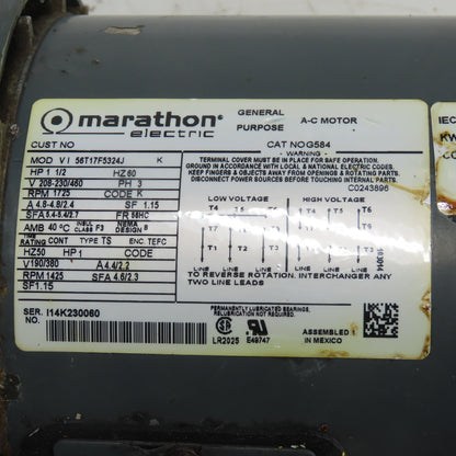 Marathon 56T17F5324J 1-1/2HP AC Electric Motor 208-230/460V 3Ph 1725RPM 56HC