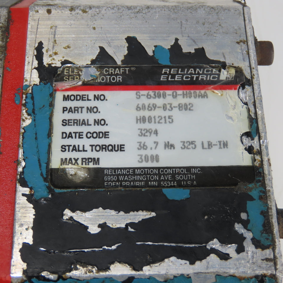 Reliance Electric 6069-03-802 S-6300-Q-H00AA 325 LB-IN 3000 RPM Servo Motor