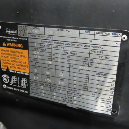 Doosan GC45S-9 8500lb Cap LP Forklift 185" Lift 2-Stage Mast Side Shift 5225Hrs
