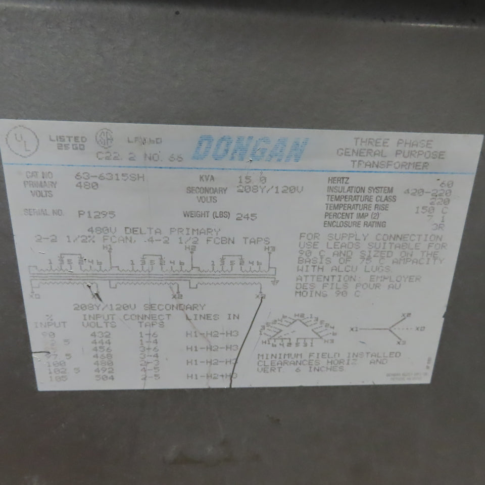 Dongan 63-6315SH General Purpose Transformer 15kVA 480V Pri 208Y/120V Sec 3Ph
