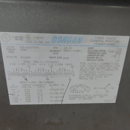 Dongan 63-6315SH General Purpose Transformer 15kVA 480V Pri 208Y/120V Sec 3Ph