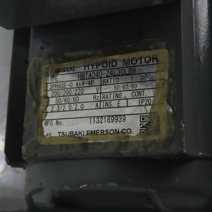Tsubaki Emerson HMTA040-24L30LBH 0.4kW Hypoid Gear Motor 1:30 Ratio 200/220V 3Ph