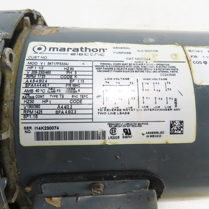 Marathon 56T17F5324J 1-1/2HP Pump Motor Assembly 208-230/460V 3Ph 1725RPM