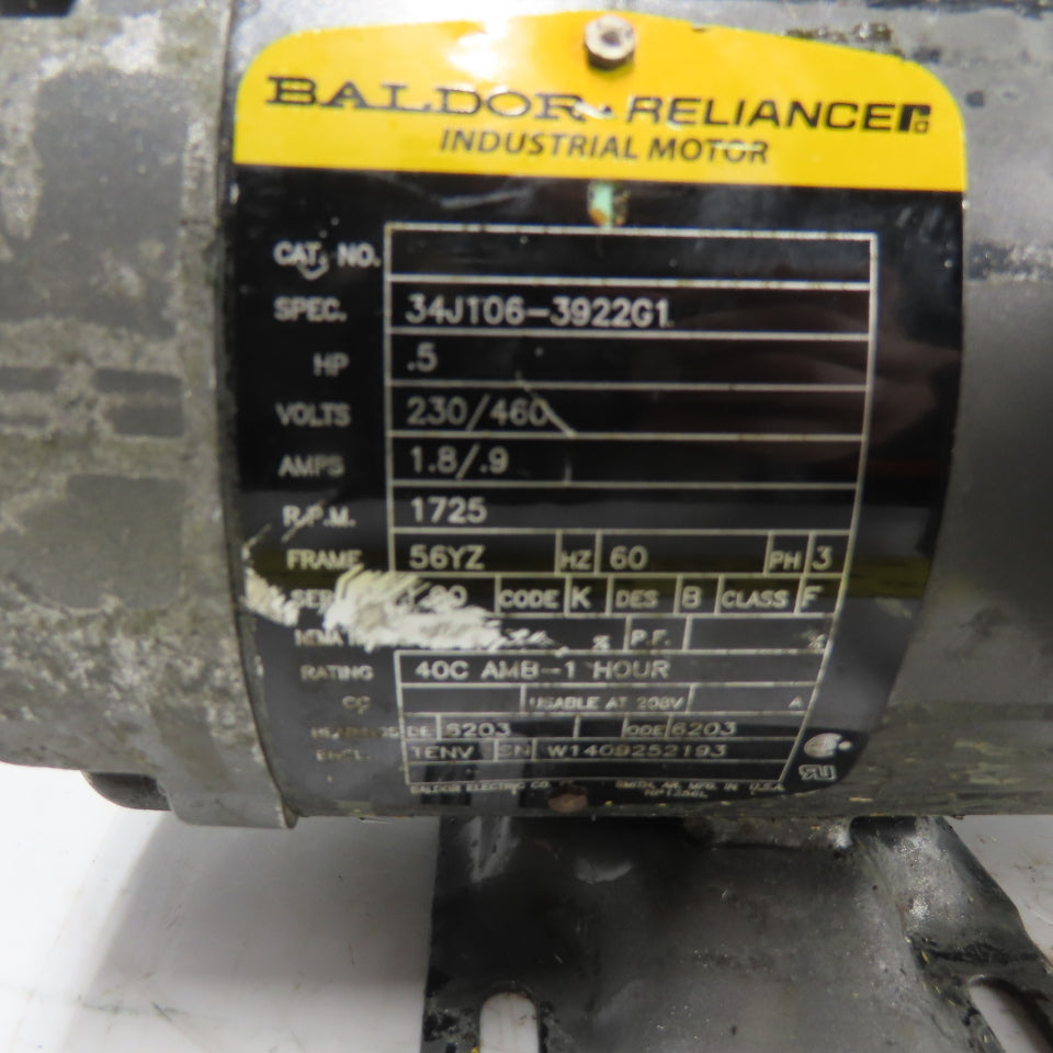 Baldor 34J106-3922G1 .5HP Electric Motor 230/460V 3Ph 1725RPM 56YZ Fr. Tested