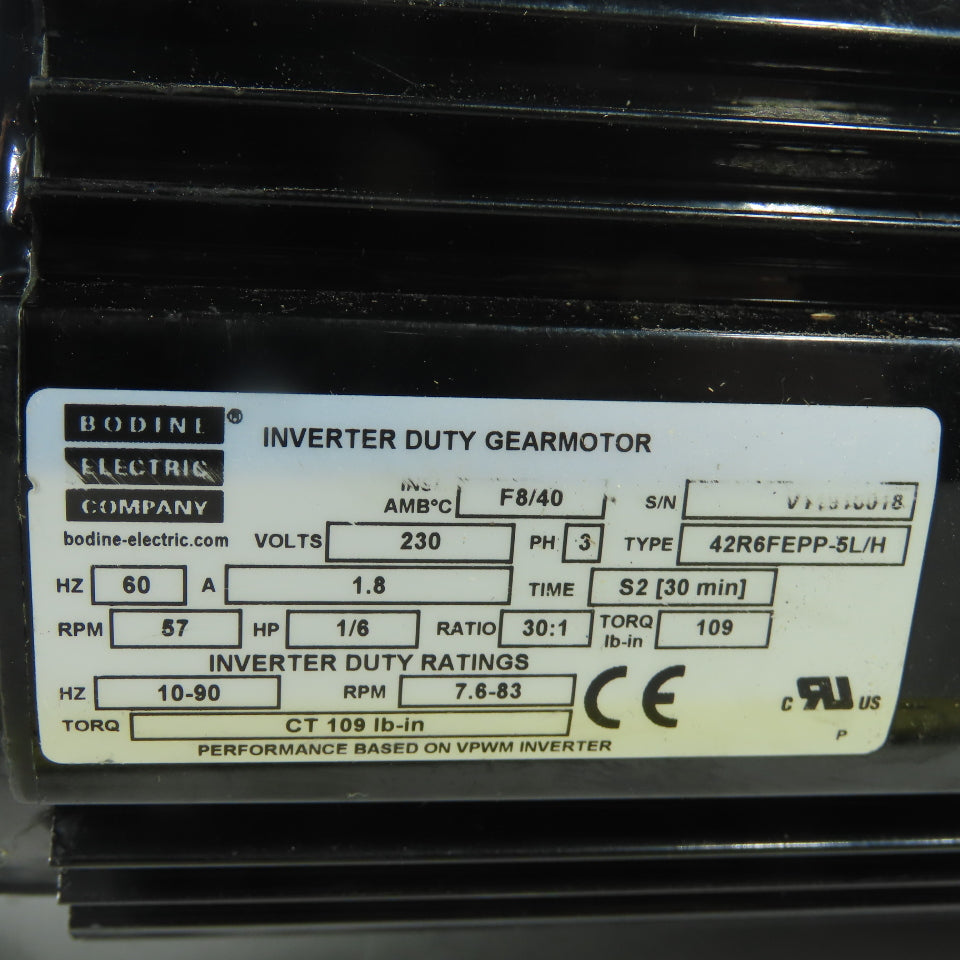 Bodine 42R6FEPP-5L/H 1/6HP Inverter Duty Gearmotor 3Ph 230V 57RPM 30:1 Ratio
