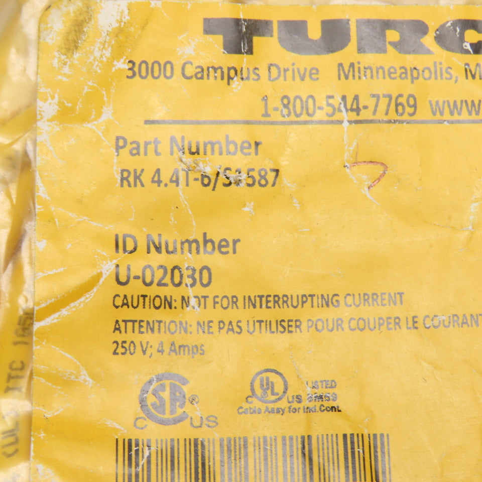 Turck RK 4.4T-6/S587 4-Pin M12 Eurofast Female Connector Cordset Cable 250V 4A