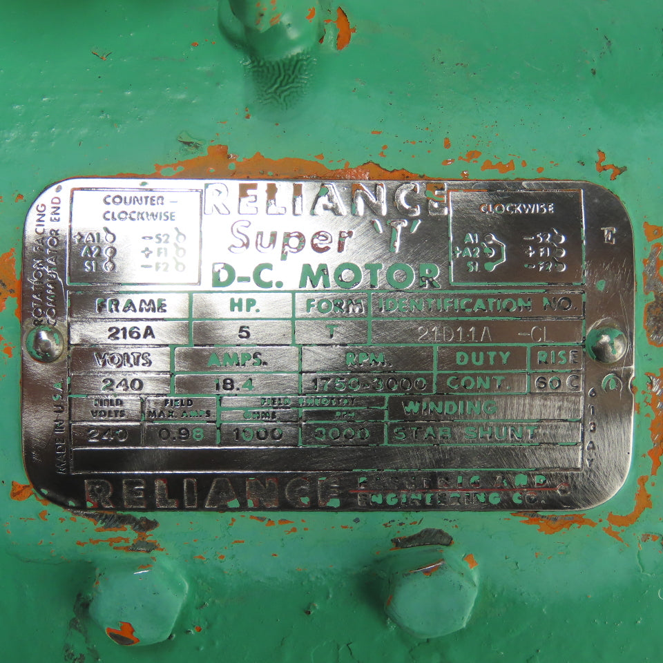 Reliance 21D11A-CL 5HP DC Motor 240V 1750-3000RPM 216A Frame