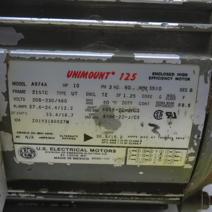 U.S. Electrical Motors A974A 10HP AC Electric Motor 230/460V 3Ph 215TC 3500RPM