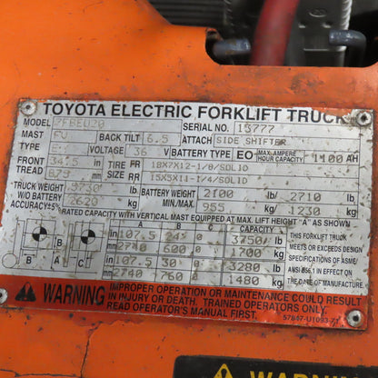 Toyota 7FBEU20 36V 3-Wheel Electric Forklift 3750lb Cap. 107" Lift 2-Stage