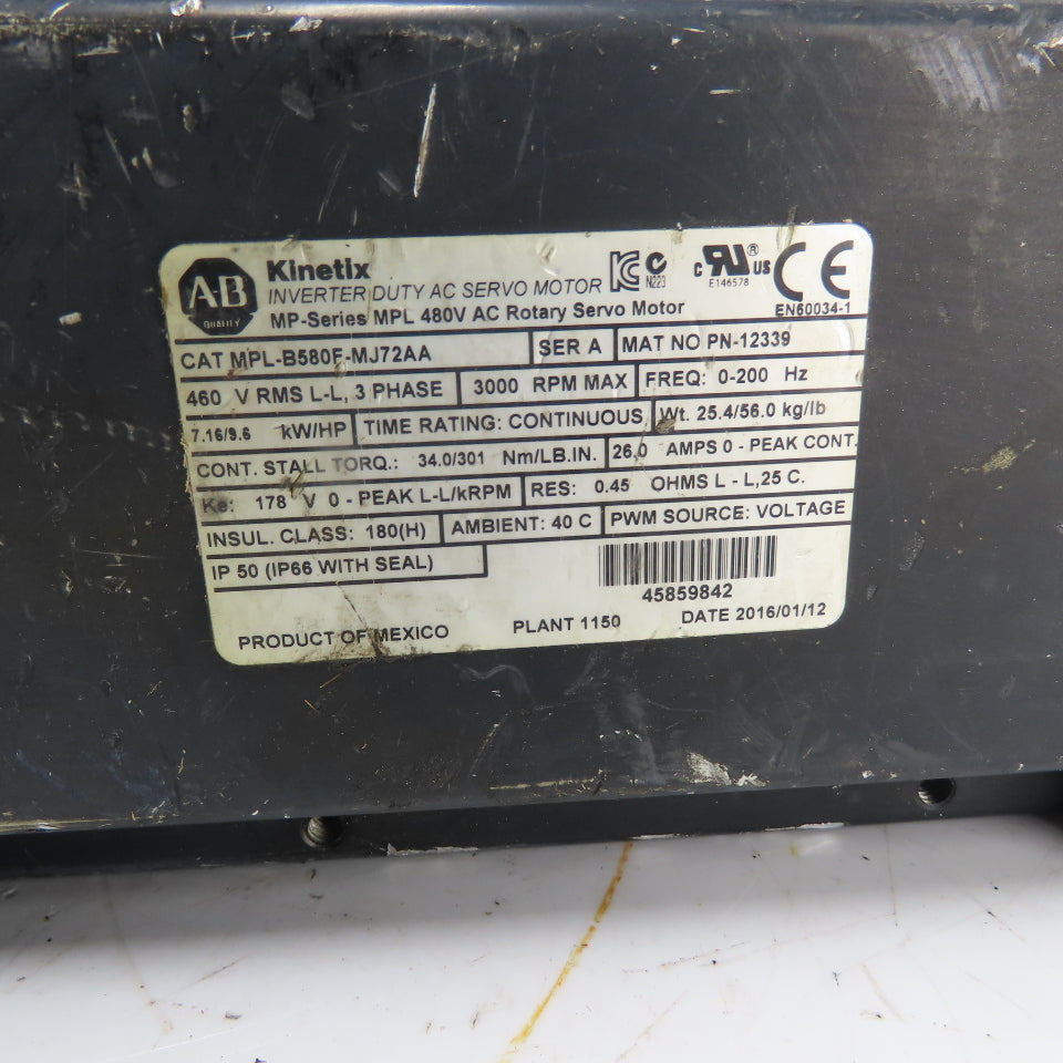 Allen-Bradley MPL-B580F-MJ72AA 9.6HP 460V 3Ph 3000RPM Kinetix Servo Motor