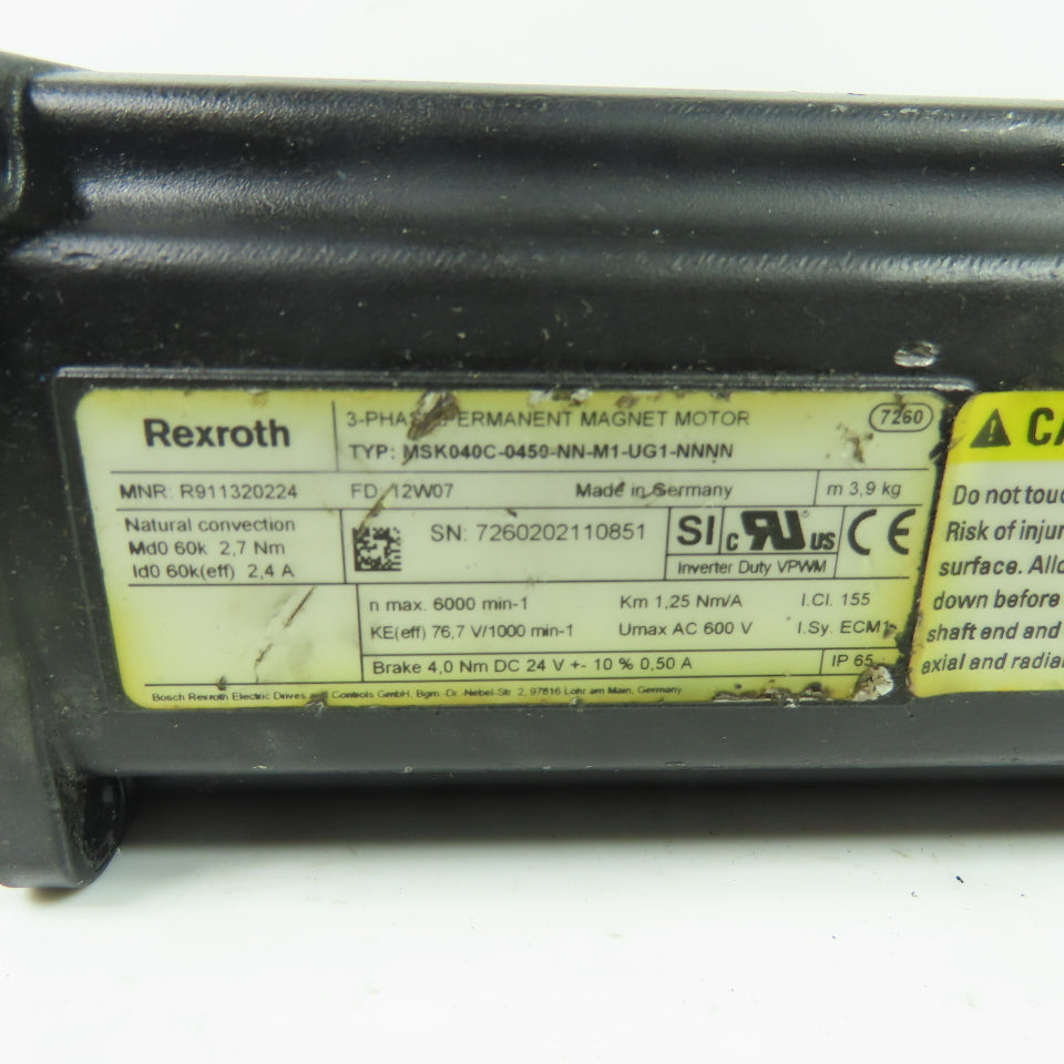 Rexroth R911320224 MSK040C-0450-NN-M1-UG1-NNNN 3Ph Servo Motor 600V 6000RPM