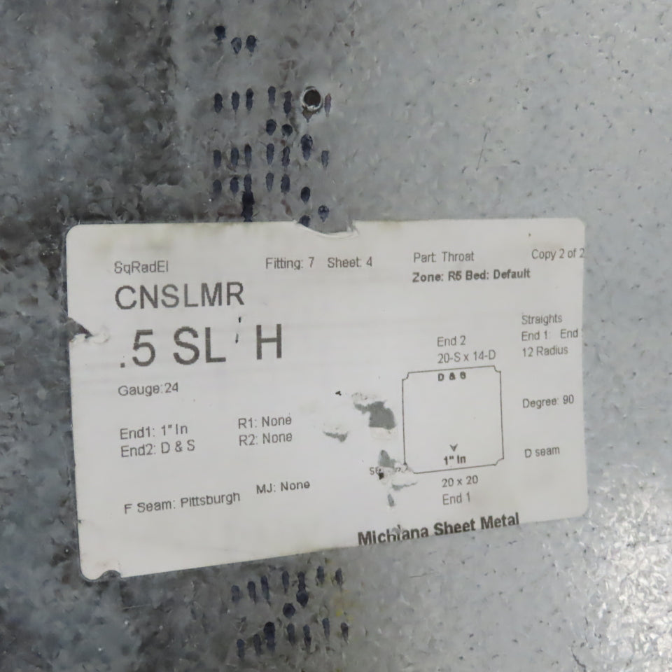 CNSLMR 5 SL H 20"x20" To 20x14" Galvanized HVAC Duct 90° Elbow 24 Gauge