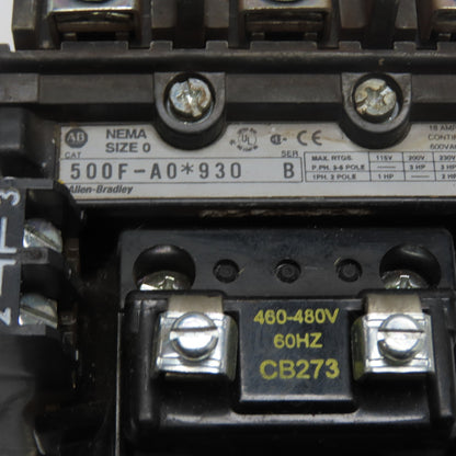 Allen-Bradley 500F-AO*930 NEMA Size 0 Magnetic Motor Starter 460-480V 60Hz