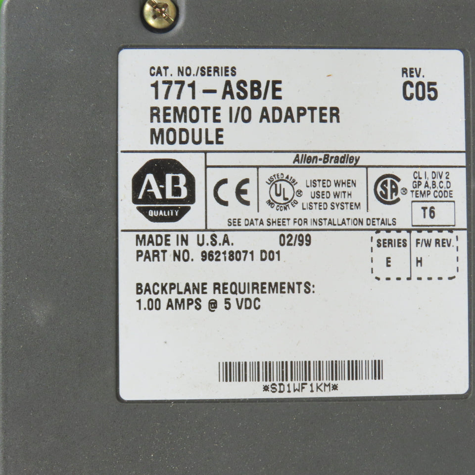 Allen Bradley 1771-ASB/E 96218071 Remote I/O Adapter Module Rev C05 (Clean)