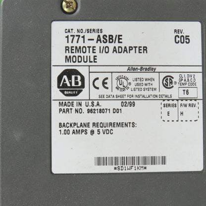 Allen Bradley 1771-ASB/E 96218071 Remote I/O Adapter Module Rev C05 (Clean)