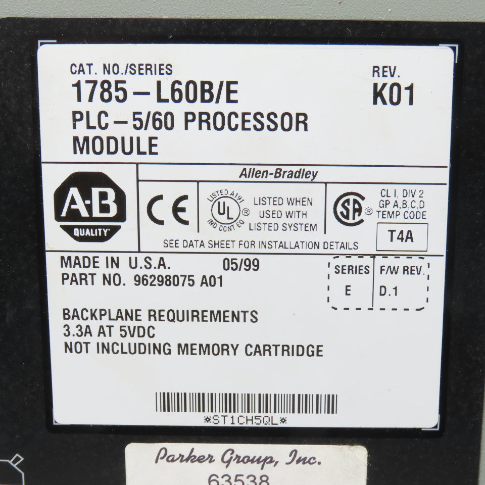 Allen Bradley 1785-L60B/E PLC-5/60 Processor Module Rev K01 Refurbished & Tested