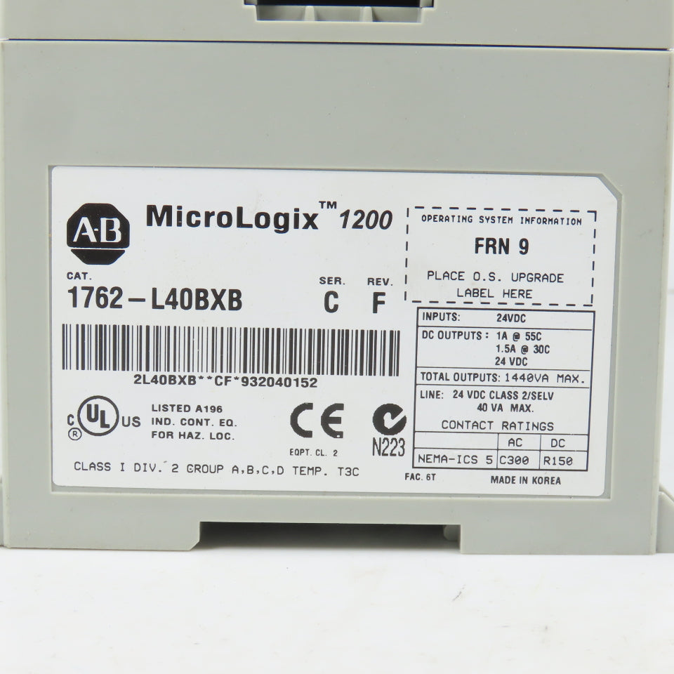 Allen Bradley 1762-L40BXB Ser C Rev F FRN 9 MicroLogix 1200 Controller PLC