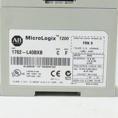 Allen Bradley 1762-L40BXB Ser C Rev F FRN 9 MicroLogix 1200 Controller PLC