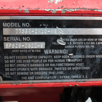 ARO 7756E-2K10-K6 1/2 Ton Air Chain Hoist 10' Travel Pendant Operated
