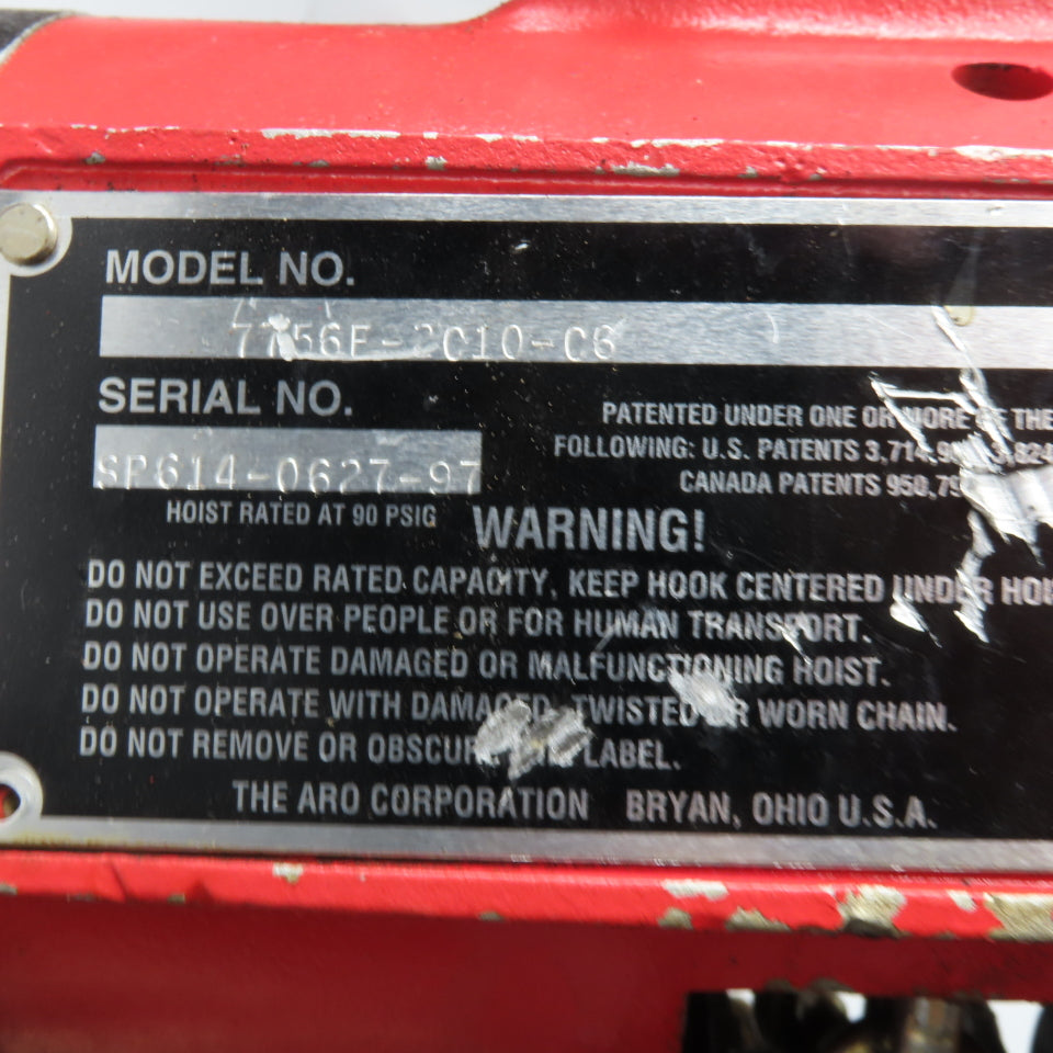 ARO 7756E-2C10-C6 1/2 Ton Air Hoist 10' Travel Pendant Operated Missing Hook