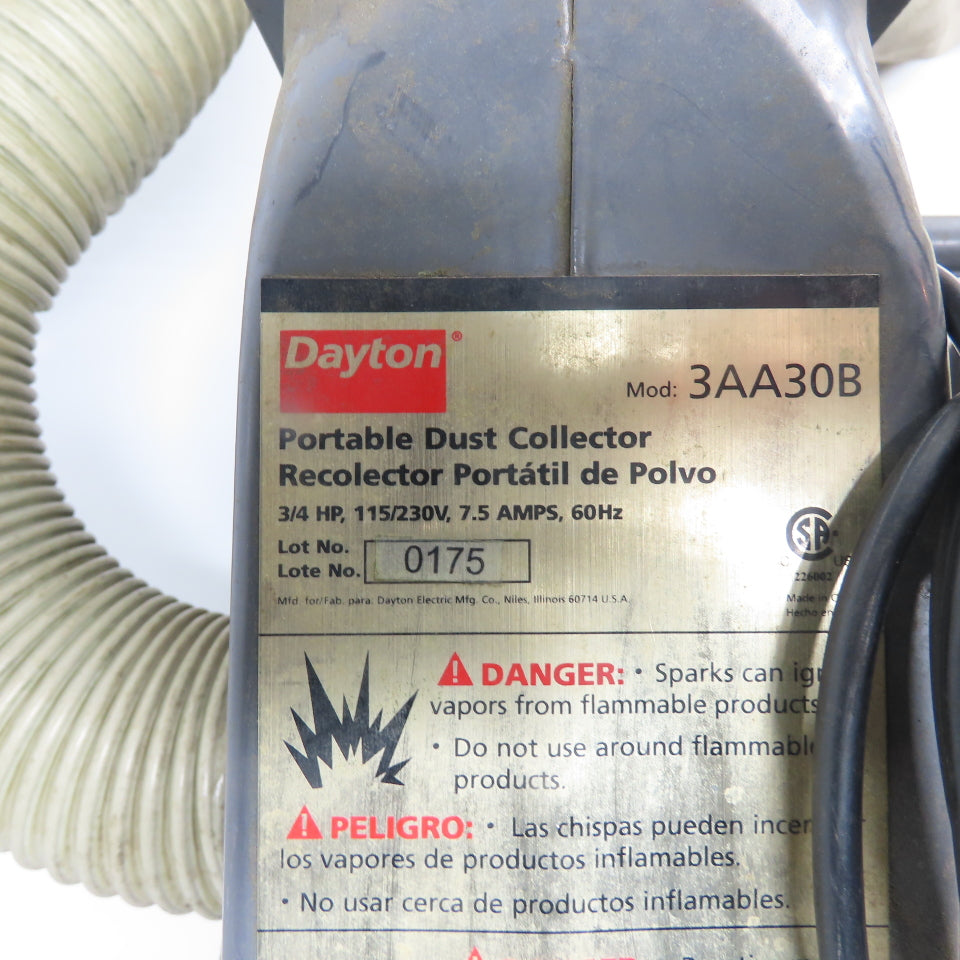 Dayton 3AA30B Portable Wood Dust Collector 3/4 HP 115/230V 1Ph