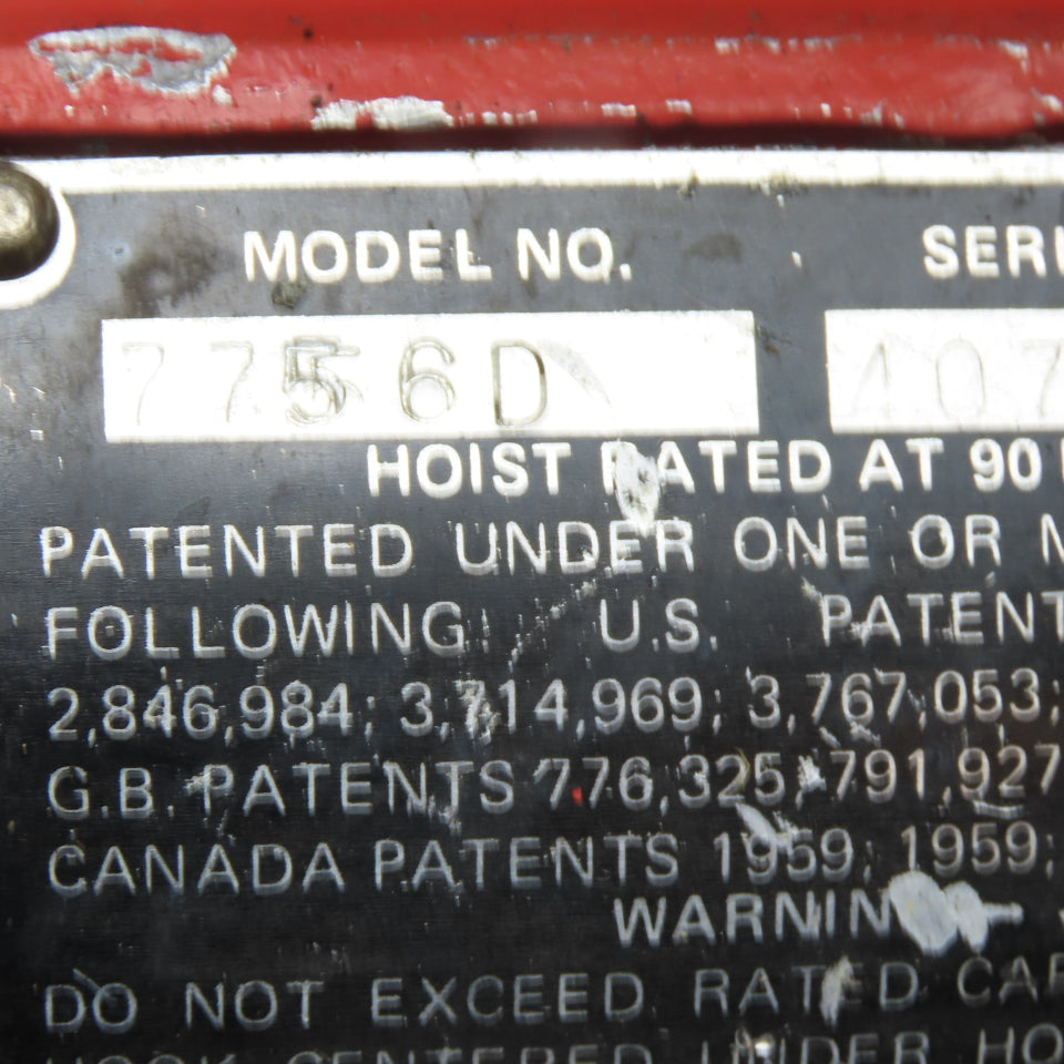 ARO 7756D 1/2 Ton Air Chain Hoist 10' Travel Pendant Operated 90PSI W/ Trolley