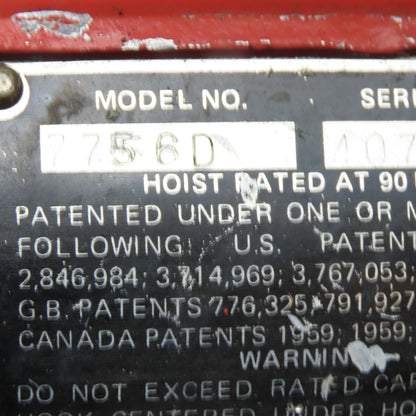 ARO 7756D 1/2 Ton Air Chain Hoist 10' Travel Pendant Operated 90PSI W/ Trolley