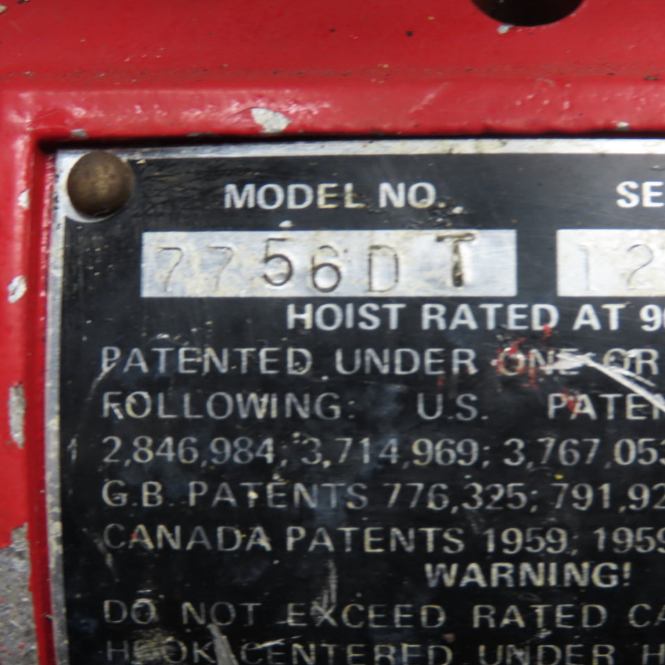ARO 7756DT 1/2 Ton Air Chain Hoist 10' Travel Pendant Operated 90PSI W/ Trolley