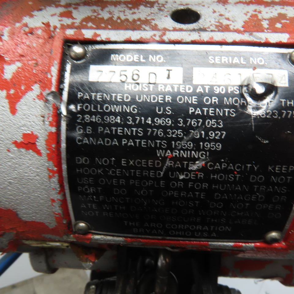 ARO 7756 1/2 Ton Air Chain Hoist 10' Lift Pendant Operated 90PSI No Top Hook