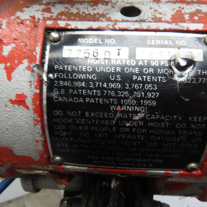 ARO 7756 1/2 Ton Air Chain Hoist 10' Lift Pendant Operated 90PSI No Top Hook