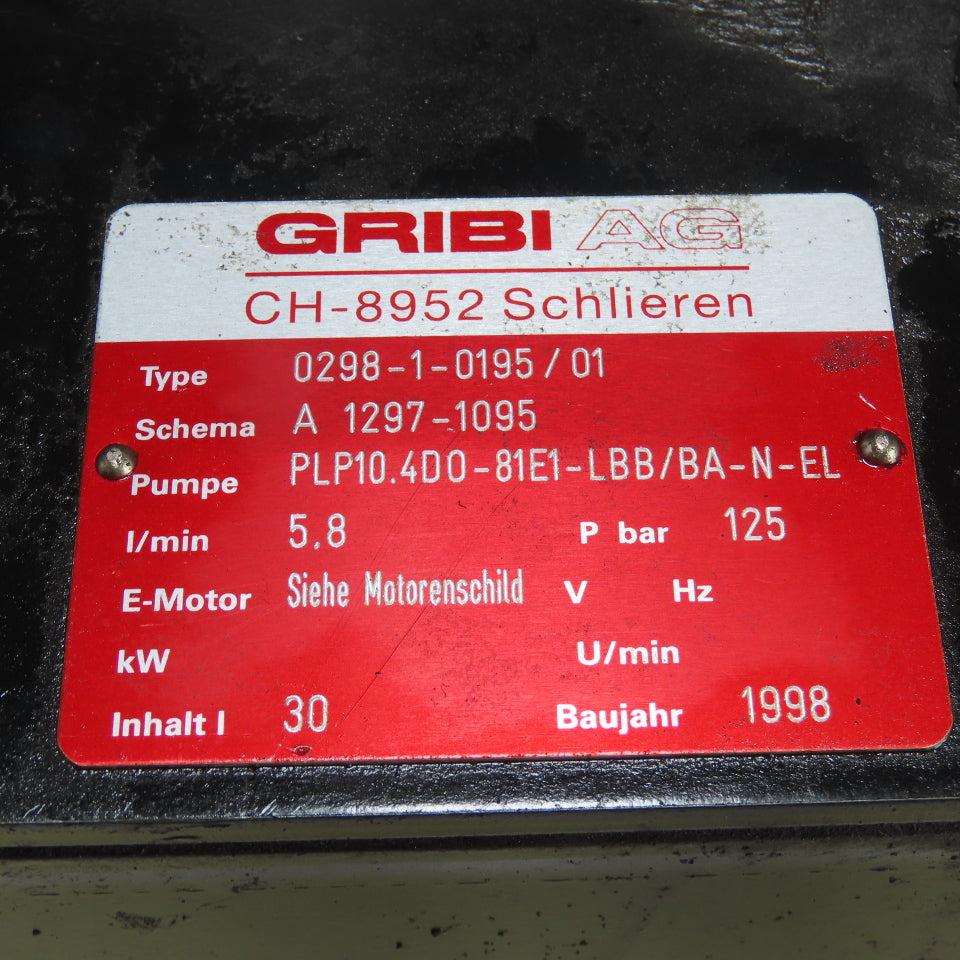 GRIBI AG 0298-1-0195 /01 10 Gallon Hydraulic Power Unit 30L 125 Bar 5.8L/min 3Ph