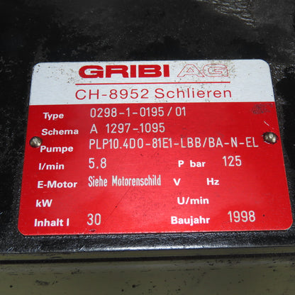 GRIBI AG 0298-1-0195 /01 10 Gallon Hydraulic Power Unit 30L 125 Bar 5.8L/min 3Ph