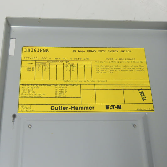 Cutler-Hammer DH361NGK 30A 3-Pole Fusible Safety Disconnect Switch 600V