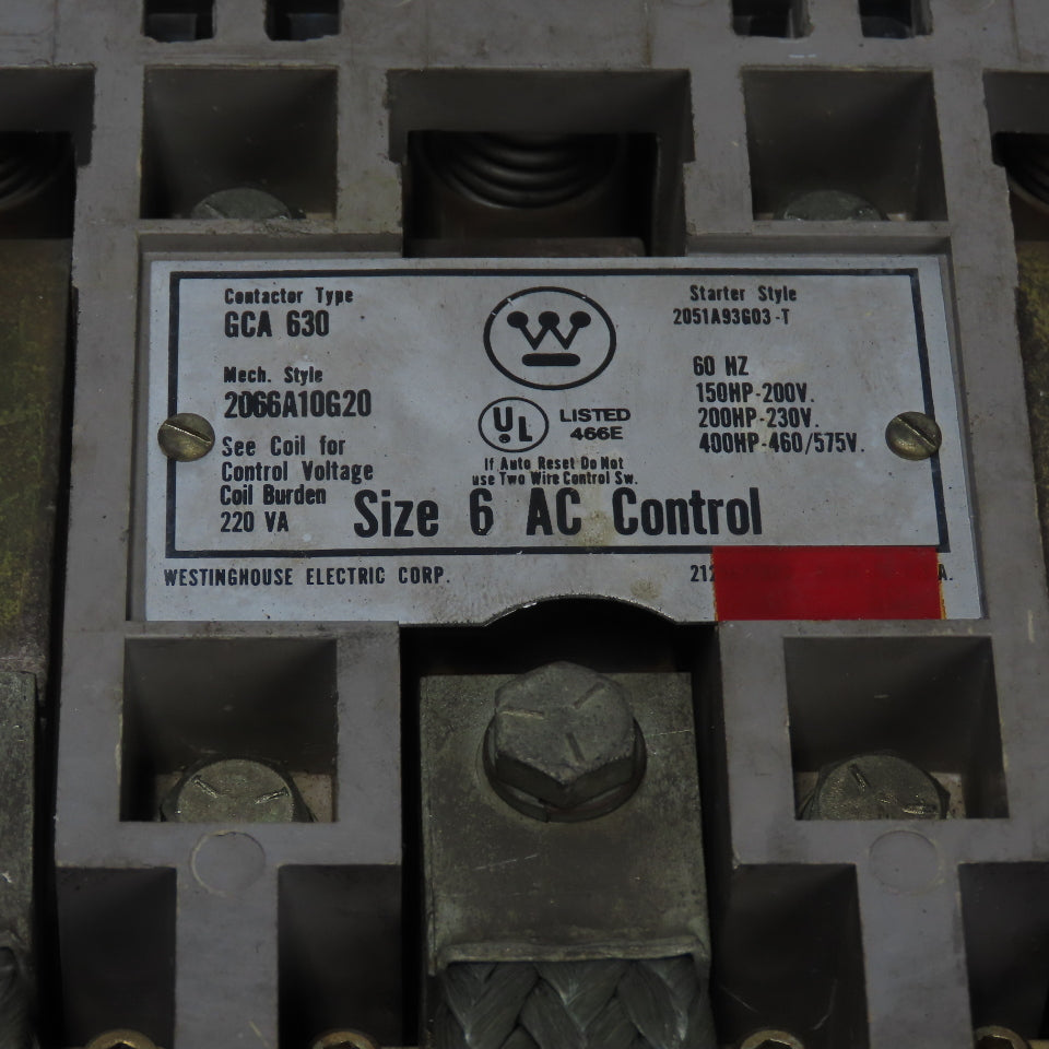 Westinghouse 2066A10G20 GCA 630 Size 6 AC Control Contactor 400HP 460/575V