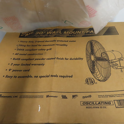 Maxx Air FB-75B HVWM 30 OSC 30" Oscillating Wall Mount Fan 120V 200W NEW